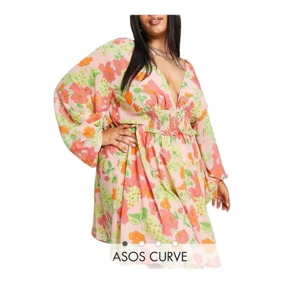 ASOS Curve Floral Soft Shirred Waist Mini Dress Peach‎ Floral Women Plus Size 26 - Picture 11 of 11